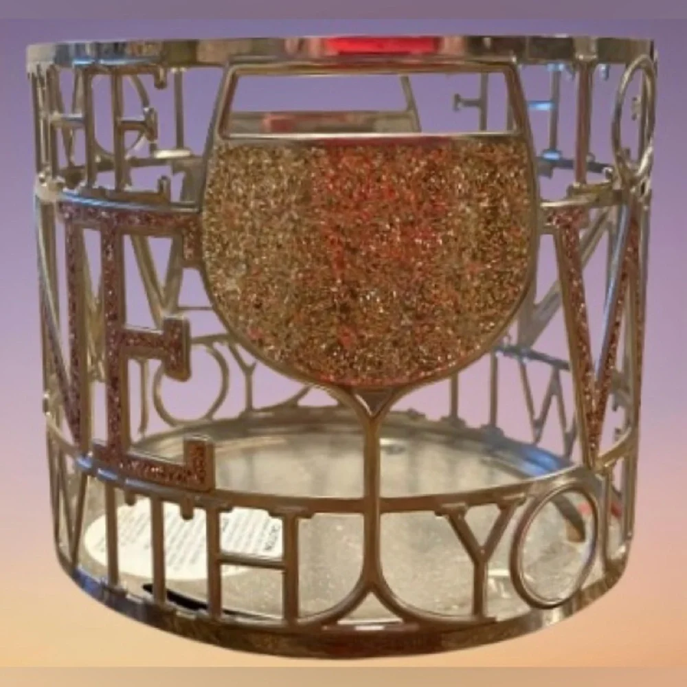 🍷 GLITTER EMBOSSED WINE GLASSES  3 Wick Candle Holder Bath Body Works Romantic